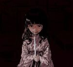  1girl angry black_eyes black_hair clenched_teeth dark_room gloves holding holding_knife japanese_clothes knife looking_at_viewer medium_hair original solo teeth white_gloves yuki_(rebruno) 