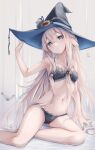  1girl amane_utata black_headwear blush bug butterfly grey_eyes hat highres in_water long_hair navel original solo underwear very_long_hair white_background white_hair witch_hat 