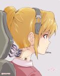  absurdres android collar electrical_outlet ghost_in_the_shell headset highres looking_to_the_side mechanical_parts operator_(gits) orange_hair ponytail rasen_manga red_eyes red_shirt robot_girl shirt speaker usb 
