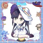  1girl alternate_costume aqua_eyes black_hair blush bow breasts character_name chibi coin coin_purse copyright_name elbow_gloves food genshin_impact gloves hat highres kekek leotard long_hair looking_at_viewer mona_(genshin_impact) mushroom parted_lips purple_hair rainbow_bow sitting small_breasts solo twintails very_long_hair white_gloves white_wings wings witch_hat 