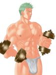  1boy bara biceps bulge dumbbell exercise feet_out_of_frame flexing_pecs fundoshi green_hair highres japanese_clothes large_pectorals long_sideburns looking_to_the_side male_focus masanori muscular muscular_male one_piece pectorals roronoa_zoro short_hair sideburns sideburns_stubble solo standing strongman_waist thank_you weightlifting 