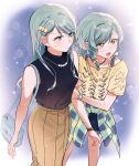  2girls aqua_eyes aqua_hair arm_grab bag bang_dream! bare_legs bare_shoulders black_shirt black_straps blue_shorts blush border bow bracelet braid brown_skirt cardigan cardigan_around_waist clothes_around_waist commentary cowboy_shot fading_border green_eyes hair_behind_ear hair_between_eyes hair_bow hair_ornament hairclip highres hikawa_hina hikawa_sayo jewelry light_particles long_hair looking_at_another multiple_girls necklace open_mouth pleated_skirt shirt shorts shoulder_bag sidelocks skirt sleeveless sleeveless_shirt sweatdrop turtleneck watch wavy_mouth wristwatch yellow_bow yellow_shirt zihacheol 