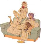  3boys adventurer_(ff14) aged_down alternate_costume arm_rest barefoot blonde_hair brown_hair closed_eyes commentary_request controller couch cup cushion drinking drooling emet-selch final_fantasy final_fantasy_xiv full_body hairband ham_ff_14 hand_on_another&#039;s_head highres holding holding_cup holding_remote_control hythlodaeus korean_commentary lap_pillow long_hair lying male_focus messy_hair mug multiple_boys on_couch on_stomach open_mouth pajamas purple_hair red_hairband remote_control short_hair simple_background sitting slippers warrior_of_light_(ff14) white_background yawning yellow_eyes yellow_footwear yellow_pajamas 