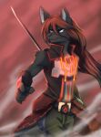  anthro armwear black_armwear black_clothing black_topwear blue_eyes bottomwear brown_hair canid clothed clothing dark_body dark_fur fur glistening glistening_eyes grey_body grey_fur hair hi_res kuttoyaki long_hair male mammal mouth_closed simple_background solo topwear 