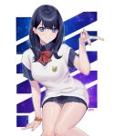  1girl black_hair black_skirt blush bow bowtie breasts gridman_universe grin highres looking_at_viewer me_ao_(many_blue_leaves) medium_breasts medium_hair parted_lips pleated_skirt purple_eyes red_bow red_bowtie shiny_skin short_sleeves skirt smile ssss.gridman takarada_rikka teeth thighs uniform v 