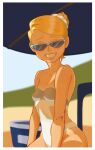  beach belly blonde_hair breasts glasses highres moitasart mole original small_breasts swimsuit tan thighs 