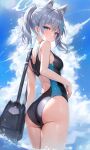  1girl animal_ears ass bare_arms bare_legs bare_shoulders blue_archive blue_eyes blush breasts cloud competition_swimsuit cowboy_shot cross_hair_ornament cumulonimbus_cloud day extra_ears grey_hair hair_ornament highres looking_at_viewer looking_back medium_breasts medium_hair official_alternate_costume one-piece_swimsuit outdoors ponytail shiroko_(blue_archive) shiroko_(swimsuit)_(blue_archive) solo swimsuit wolf_ears woodazi 