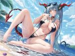  1girl absurdres azur_lane barefoot black_choker black_one-piece_swimsuit blue_hair blush breasts chinese_commentary chitu_hefeng_zhong choker closed_mouth commentary_request eyewear_on_head full_body highres horns large_breasts long_hair looking_at_viewer navel official_alternate_costume one-piece_swimsuit outdoors regensburg_(azur_lane) regensburg_(dark_dragon_brilliant_beach)_(azur_lane) sitting smkle solo spiked_choker spikes starfish stomach sunglasses swimsuit tail thighs twintails water wet yellow_eyes 