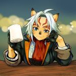  1girl 2023 adventurer_(ff11) ahoge animal_ears animal_nose aqua_hairband aqua_jacket ascot black_gloves blue_eyes cat_ears cat_girl center_frills closed_mouth cup dated doraeshi facial_mark final_fantasy final_fantasy_xi frills gloves hairband highres holding holding_cup jacket looking_at_viewer mithra_(ff11) mug red_ascot shirt short_hair smile solo uneven_eyes whisker_markings white_hair white_shirt 