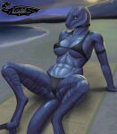  abs anthro beach bikini blue_body blue_scales breasts camel_toe claws clothing dinosaur dromaeosaurid eisekil female hi_res muscular muscular_anthro non-mammal_breasts outside reptile scales scalie seaside solo swimwear theropod toe_claws water yellow_eyes 