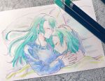  2girls aqua_hair art_tools_in_frame bang_dream! blue_shirt closed_eyes cuddling highres hikawa_hina hikawa_sayo long_hair medium_hair multiple_girls pillow pink_shirt shirt siblings sisters sleeping traditional_media twins under_covers xin_(blueramen) 