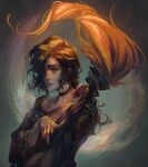  1boy absurdres black_hair english_commentary furrowed_brow gradient_background hair_over_one_eye half-closed_eye highres holding holding_brush hwei_(league_of_legends) league_of_legends long_hair male_focus ponytail purple_eyes sad simple_background snowphel solo swept_bangs upper_body 