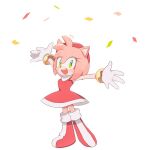  1girl amy_rose animal_ears animal_nose arms_up boots bracelet commentary confetti dress full_body furry furry_female gloves green_eyes hairband jewelry looking_at_viewer mo0n_friend open_mouth red_dress red_footwear red_hairband simple_background smile solo sonic_(series) standing symbol-only_commentary white_background white_gloves 
