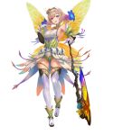  1girl axe boots breasts butterfly_wings detached_sleeves dress fairy fairy_wings fire_emblem fire_emblem_heroes flower hair_flower hair_ornament highres holding holding_axe looking_at_viewer medium_breasts non-web_source official_alternate_costume official_art peony_(cherished_dream)_(fire_emblem) peony_(fire_emblem) plant_hair sideboob skindentation smile solo thigh_boots thighhighs thighs white_thighhighs wings yellow_dress 
