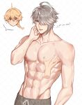  2boys abs aether_(genshin_impact) alhaitham_(genshin_impact) blonde_hair braid genshin_impact grey_hair grey_shorts hair_between_eyes hair_over_one_eye highres male_focus multiple_boys muscular muscular_male nipples rourouki short_hair shorts topless_male yellow_eyes 