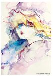  1girl blonde_hair commentary_request dress hair_over_one_eye hat highres long_hair looking_at_viewer maribel_hearn mob_cap painting_(medium) portrait red_eyes red_lips simple_background solo touhou traditional_media upper_body watercolor_(medium) white_background white_dress white_headwear yanyanman 