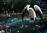  1girl absurdres angel_wings arm_support barefoot bird black_skirt blonde_hair blood blood_in_water blurry blurry_background closed_mouth commentary commission crow crying crying_with_eyes_open english_commentary eudetenis feathered_wings feathers highres hoshino_ai_(oshi_no_ko) hoshino_ruby long_hair long_sleeves looking_at_viewer one_side_up oshi_no_ko outdoors partially_submerged petals pink_eyes river second-party_source shirt sidelocks sitting skirt solo spoilers star-shaped_pupils star_(symbol) symbol-shaped_pupils tears tree variant_set water white_feathers white_shirt wings 