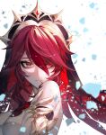  1girl bare_shoulders commentary detached_sleeves genshin_impact gloves habit hair_over_one_eye hand_up highres kokollet looking_at_viewer medium_hair portrait red_eyes red_hair rosaria_(genshin_impact) sidelocks solo swept_bangs white_background white_gloves 