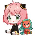  1girl :o anya_(spy_x_family) black_dress chibi commentary_request director_chimera_(spy_x_family) doll dress eden_academy_school_uniform female_child green_eyes hairpods highres open_mouth pink_hair pochimaru_(marumaru_wanwan) school_uniform spy_x_family stuffed_toy white_background 
