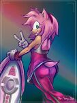 accessory amy_rose anthro blue_background bottomwear butt clothed clothing eulipotyphlan female fur gesture gloves green_eyes hair_accessory hairband handwear head_tuft hedgehog hi_res looking_at_viewer looking_back looking_back_at_viewer mammal pants pervydoe pink_body pink_bottomwear pink_clothing pink_fur pink_pants pink_topwear rear_view sega simple_background smile solo sonic_riders sonic_the_hedgehog_(series) tan_body tan_fur thick_thighs topwear tuft v_sign white_clothing white_gloves white_handwear wide_hips 