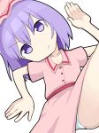  1girl belt buttons collared_dress commentary_request cookie_(touhou) dress feet_out_of_frame flat_chest hisaka_(cookie) hospital_king looking_at_viewer medium_bangs medium_hair panties pink_dress purple_eyes purple_hair red_belt remilia_scarlet simple_background solo touhou underwear v-shaped_eyebrows white_background white_panties 