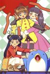  3girls absurdres bag bird blush_stickers boots brown_hair cardcaptor_sakura child daidouji_tomoyo double_bun green_eyes hair_bun happy highres hug hug_from_behind kero kinomoto_sakura li_meiling multiple_girls official_art open_mouth penguin red_eyes skirt white_skirt wings 