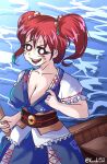  1girl blush boat breasts brown_sash coin coin_on_string day hair_bobbles hair_ornament highres karebu52 looking_at_viewer ocean onozuka_komachi open_mouth outdoors phantasmagoria_of_flower_view red_eyes red_hair rod_of_remorse scythe smile solo touhou two_side_up water watercraft 