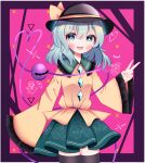  1girl :d absurdres black_headwear black_thighhighs blush bow buttons diamond_button floral_print frilled_shirt_collar frilled_sleeves frills green_eyes green_hair green_skirt hand_fan hat hat_bow hata_no_kokoro heart heart_of_string highres komeiji_koishi komeiji_satori light_green_hair long_hair long_sleeves looking_at_viewer medium_hair open_mouth rose_print shirt skirt sleeves_past_wrists smile solo standing thighhighs third_eye touhou v waroemon yellow_bow yellow_shirt 