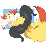  anthro areola belly big_breasts big_butt black_body black_fur braixen breasts butt canid canine exposed_breasts female fire fox fur generation_6_pokemon genitals hi_res humanoid inner_ear_fluff jaypixi lying mammal nintendo nipples overweight overweight_anthro overweight_female pink_areola pink_nipples pokeball pokemon pokemon_(species) pussy red_body red_eyes red_fur simple_background smile spread_legs spreading tail thick_thighs tuft wide_hips yellow_body yellow_fur 