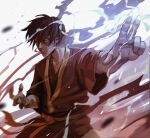  1boy avatar:_the_last_airbender avatar_legends black_hair blue_fire blurry blurry_foreground burn_scar electricity element_bending english_commentary fire highres lightning magic male_focus mousdraws pyrokinesis robe scar simple_background solo yellow_eyes zuko 