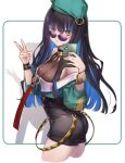  1girl ass bare_shoulders beret black_hair black_shorts blue_hair bracelet breasts buttons cellphone colored_inner_hair double-breasted eyeliner fate/grand_order fate_(series) green_headwear green_jacket grey_eyes grin hat highres jacket jewelry long_hair long_sleeves looking_at_viewer makeup multicolored_hair neck_ring o-ring off_shoulder phone round_eyewear shorts sidelocks small_breasts smile solo sunglasses tenochtitlan_(fate) thighs ura_illust v wavy_hair zipper 