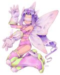  1girl artist_name boots bra butterfly_wings caomor covered_eyes digimon digimon_(creature) fairimon full_body gloves green_footwear highres long_hair mask panties purple_bra purple_footwear purple_garter_straps purple_gloves purple_hair purple_panties simple_background solo thigh_boots two-tone_footwear underwear white_background wings 