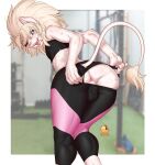  anthro anus balls bell-bell_(artist) big_butt bottomwear butt claws clothed clothing digital_media_(artwork) felid feline fur genitals gym gym_clothing hair hi_res lion looking_at_viewer male mammal open_mouth pantherine pants partially_clothed simple_background smile solo tail tought wide_hips yoga_pants 