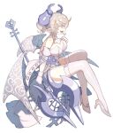  1girl breasts cleavage demon_girl demon_horns demon_wings dress duel_monster gloves grey_eyes grey_hair holding holding_polearm holding_weapon horns ishii_(young-moon) large_breasts looking_at_viewer lovely_labrynth_of_the_silver_castle low_wings multiple_wings pointy_ears polearm smile solo thighhighs twintails weapon wings yu-gi-oh! 