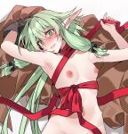 1girl armpits bechu blush bow breasts commentary elf english_commentary gloves goblin_slayer! green_eyes green_hair hair_between_eyes hair_bow high_elf_archer_(goblin_slayer!) highres long_hair looking_at_viewer lying navel nipples on_back pointy_ears red_ribbon ribbon simple_background single_glove small_breasts solo sweat teeth white_background 