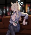  1girl animal_ear_fluff animal_ears black_pantyhose blonde_hair blue_archive blue_eyes blue_shirt blush breasts cityscape cleavage collared_shirt commentary_request couch extra_ears feet_out_of_frame food food_in_mouth halo kanna_(blue_archive) large_breasts long_hair long_sleeves night notched_ear on_couch pantyhose pencil_skirt pocky pocky_in_mouth shirt sitting skirt solo twoj 