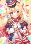  100ton250 1girl blonde_hair blue_headwear blue_jacket blush bow bowtie double_bun epaulettes facial_mark gloves gradient_hair green_eyes hair_bun hat highres hololive jacket long_hair looking_at_viewer marching_band marching_band_baton momosuzu_nene multicolored_hair official_alternate_costume open_mouth pink_hair puffy_short_sleeves puffy_sleeves red_bow red_bowtie shako_cap shirt short_sleeves solo two_side_up virtual_youtuber white_gloves white_shirt 