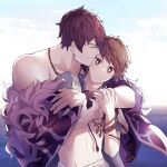  2boys belial_(granblue_fantasy) belial_(summer)_(granblue_fantasy) black_hair black_jacket blue_shirt brown_eyes brown_hair closed_eyes couple feather_boa fingernails gran_(granblue_fantasy) gran_(summer)_(granblue_fantasy) granblue_fantasy highres hug hug_from_behind jacket jewelry kishire0324 male_focus multiple_boys necklace official_alternate_costume open_clothes open_jacket open_shirt ring shirt short_hair smile toned toned_male upper_body wet wet_hair wristband yaoi 