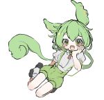  1girl fang green_hair green_shorts green_suspenders grey_shirt hair_between_eyes hand_on_own_face highres inkopiko kneeling looking_at_viewer open_mouth puffy_short_sleeves puffy_shorts puffy_sleeves shirt short_sleeves shorts skin_fang socks solo voicevox yellow_eyes zundamon 
