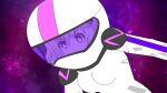  1girl armor blue_eyes helmet highres neptune_(series) non-web_source pink_hair purple_sister shirt shoulder_armor space spacesuit t-shirt 
