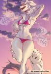  amaterasu_(okami) anthro anthrofied ball bikini canid canine canis capcom clothed clothing cloud eyes_closed female fur laugh long_tail mammal momobeda okami_(capcom) open_mouth outside partially_clothed sky smile solo sunset swimwear tail volleyball_(ball) white_body white_fur wolf 