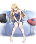  1girl bare_arms bare_shoulders barefoot black_dress blonde_hair breasts cleavage closed_eyes collarbone commentary_request couch dress facing_viewer highres long_hair medium_breasts mythra_(xenoblade) on_couch own_hands_together parted_lips pillow sitting sleeveless sleeveless_dress solo very_long_hair xenoblade_chronicles_(series) xenoblade_chronicles_2 yamushinhan 