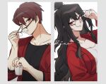  1boy 1girl adjusting_eyewear bbunny black_shirt brown_hair cardigan character_name cup disposable_cup glasses hair_bun holding holding_cup jewelry library_of_ruina long_hair long_sleeves looking_at_viewer lowell_(library_of_ruina) project_moon red_cardigan red_eyes ring round_eyewear shirt very_long_hair wedding_ring white_background white_shirt xiao_(library_of_ruina) 