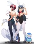  2girls :o absurdres alternate_breast_size alternate_costume animal_ears black_footwear black_hair black_leotard blue_eyes blush breasts commentary_request dawn_(pokemon) elise_(wdsm2344) fake_animal_ears hair_ornament hairband hairclip hand_on_own_hip hand_up highres leotard long_hair multiple_girls pantyhose pink_scarf piplup playboy_bunny pokemon pokemon_(creature) pokemon_(game) pokemon_bw pokemon_dppt scarf shoes sidelocks skyla_(pokemon) standing white_background white_hairband white_pantyhose 