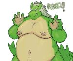  5_fingers anthro belly big_belly eyebrows fingers grey_eyebrows grey_hair hair hi_res inushishigami male navel nipples non-mammal_nipples overweight overweight_anthro overweight_male scalie simple_background solo tail text white_background 