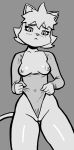  anthro biped blush breasts clothed clothing digital_media_(artwork) domestic_cat eyelashes felid feline felis female fingers genitals hair leotard looking_at_viewer loshon mammal mari_(loshon) monochrome nipples partially_clothed pussy pussy_floss simple_background solo tail thick_thighs topwear 