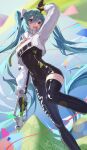  1girl :d absurdres aqua_eyes aqua_hair asymmetrical_bodysuit black_bodysuit black_gloves bodysuit boots confetti cropped_sweater flag gloves goodsmile_racing green_gloves hatsune_miku highres holding holding_flag holding_pole open_mouth pole racing_miku racing_miku_(2022) single_leg_bodysuit single_thigh_boot smile smilent solo thigh_boots two-tone_gloves vocaloid 