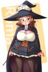  1girl absurdres black_headwear blush breasts brown_eyes brown_hair brown_pantyhose cape character_name cleavage commission frills halloween halloween_costume hat highres holding holding_wand kantai_collection large_breasts long_sleeves looking_at_viewer official_alternate_costume open_mouth pantyhose pince-nez pixiv_commission roma_(kancolle) shin_(shin_k009) solo wand witch_hat 
