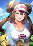  1girl blue_eyes blue_sky blush breasts brown_hair cleavage cloud collarbone doughnut_hair_bun hair_bun highres looking_at_viewer open_mouth pokemon pokemon_(game) pokemon_bw2 raglan_sleeves rosa_(pokemon) signature sky smile solo tsumikiy visor_cap 