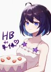 1girl absurdres ahoge bare_shoulders birthday_cake blue_eyes blue_hair breasts cake character_name cleavage closed_mouth commentary dress food gengetsu_aya happy_birthday highres holding holding_food honkai_(series) honkai_impact_3rd looking_at_viewer seele_vollerei short_hair smile solo symbol-only_commentary upper_body white_background white_dress 